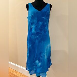 Jones New York Floral Blue Ombre Midi Dress Size 14 Vintage Y2K Ibiza Summer
